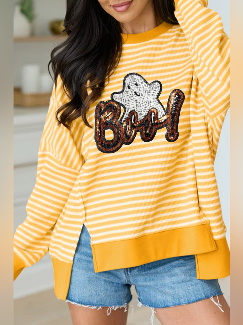 Stripe Boo Sequin Ghost Halloween Split Hem Long Sleeve Top